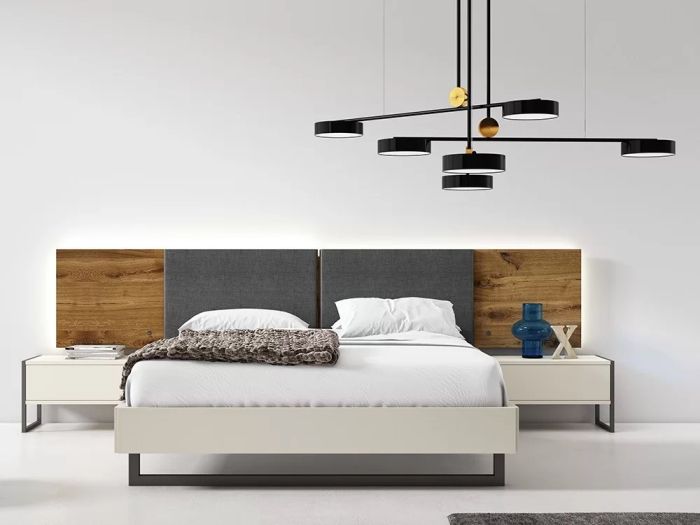 Dormitorio con Cabecero Luca Estilo Moderno Tapizado Mesitas Cubo Diversa Estilo Moderno, 296 Cm