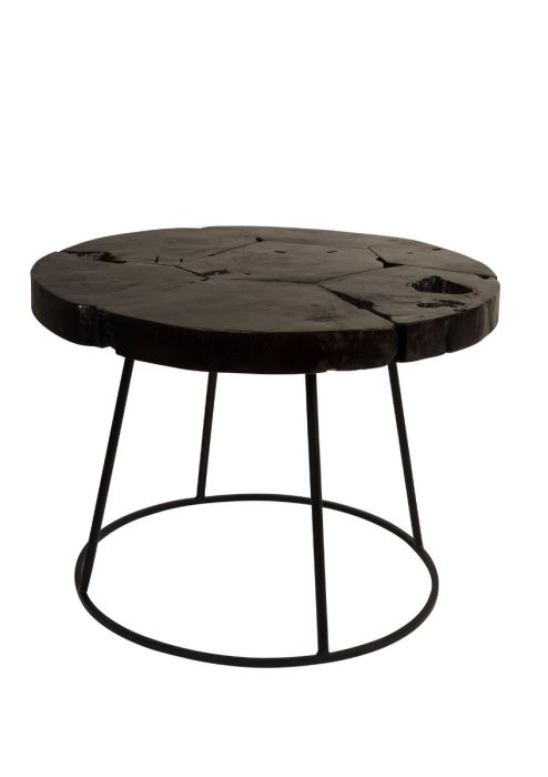 Mesa auxiliar industrial en madera de teca marrón y hierro negro.