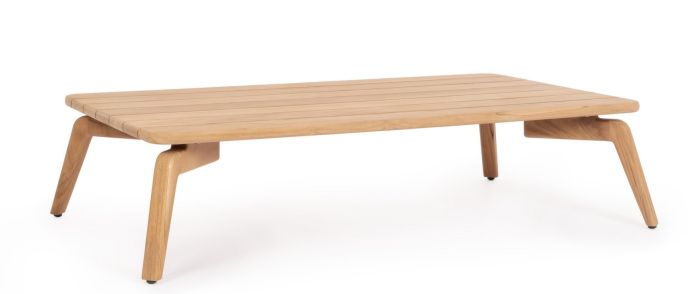 Mesa de centro exterior nórdica con listones en madera de teca natural.
