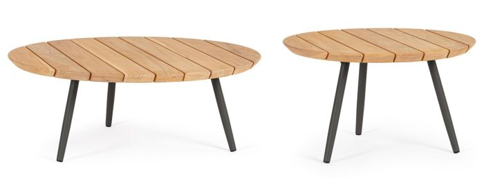 Set 2 mesa centro jardín nórdica con sobre de madera de teca natural y patas de acero negro.