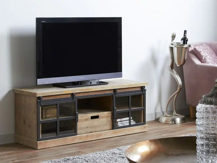 Mueble Tv Industrial Madera Pino Hierro Cristal 120 Cm