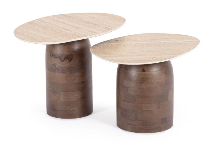 Set de 2 mesas auxiliares nórdico moderno con base de madera de mango marrón y sobre de cerámica beige.