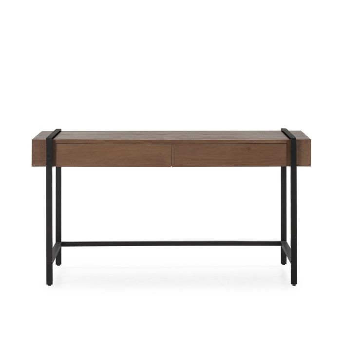 Escritorio en madera de olmo marrón y metal negro con 2 cajones.