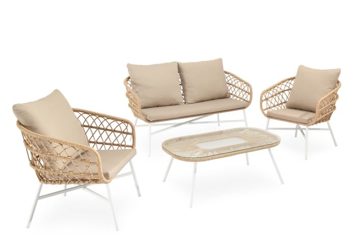 Conjunto de jardín tropical un sofá, sillones y una mesa de centro en cuerda beige, acero blanco y cristal templado.