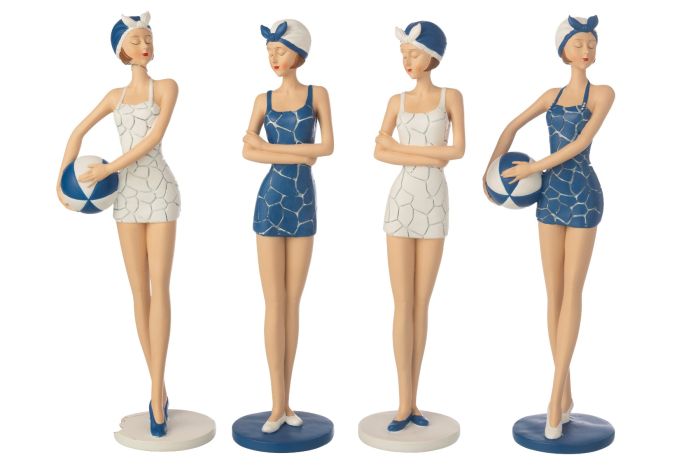 Figura decorativa surtida de 4 mujeres en poliresina azul y blanco.