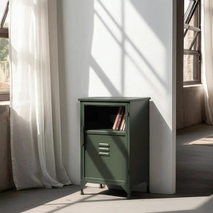 Mueble auxiliar o mesita industrial en metal verde menta y cristal templado.