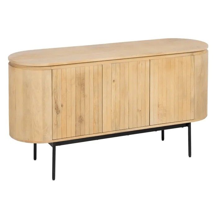 Aparador nórdico 3 puertas en madera de mango natural con patas de hierro negro.