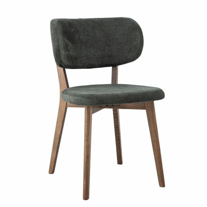 Silla moderna en madera de roble marrón oscuro tapizada en tela bouclé verde.