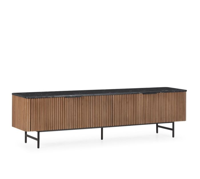 Mueble de TV 2 cajones diseño moderno en madera de olmo nogal, con sobre de mármol reconstruido marquina y patas de metal negro.