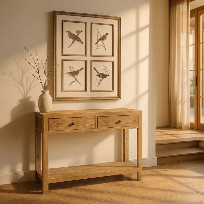 Consola 2 cajones nórdica en madera mindi natural.