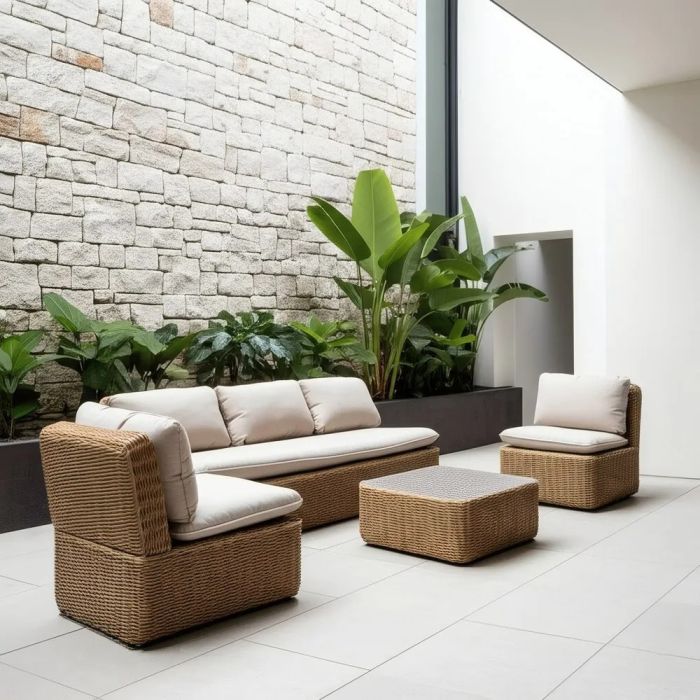 Set de jardín nórdico 1 sofá, 2 sillones y 1 mesa de centro.