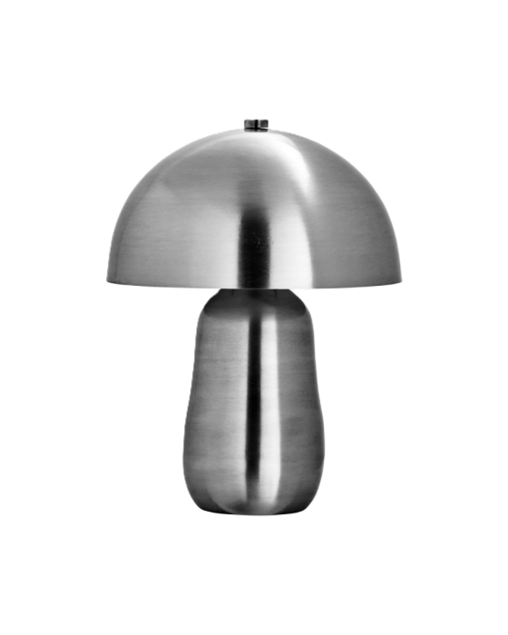 Lámpara de mesa moderna en hierro plateado cepillado con silueta de hongo.
