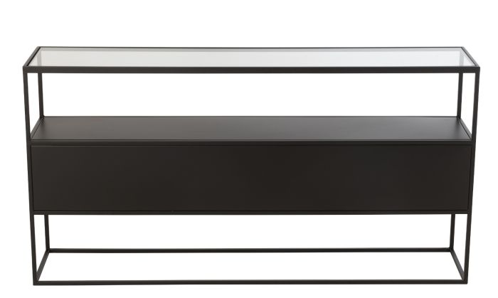 Consola de diseño moderno en metal negro y vidrio templado.