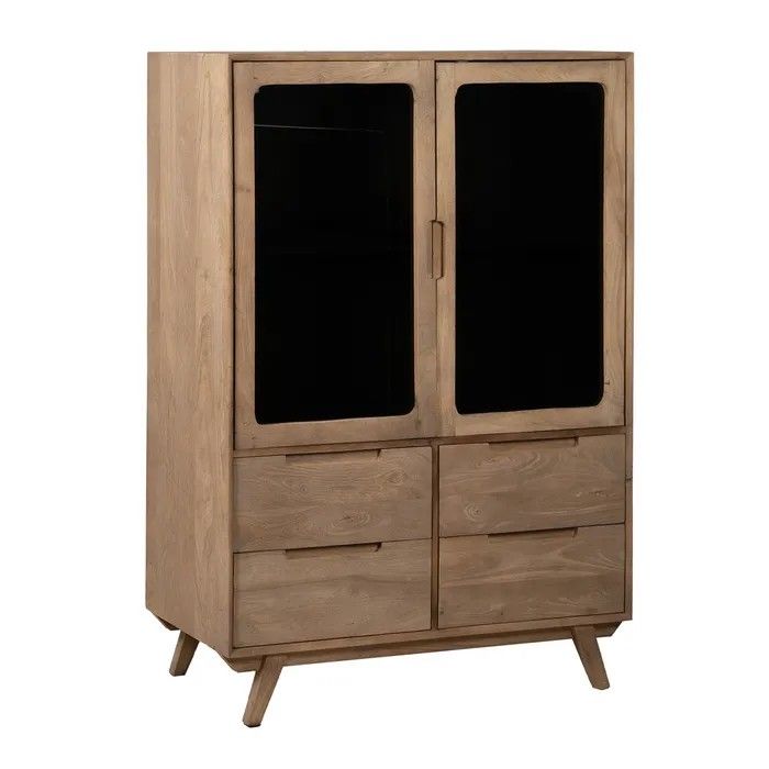 Armario vitrina nórdica en madera de mango natural y vidrio.