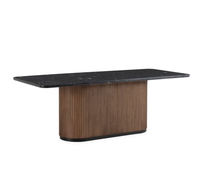 Mesa de comedor de diseño moderno con sobre de mármol negro marquina y una base de madera nogal y metal negro.