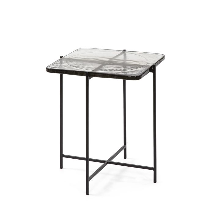 Mesa auxiliar en Vidrio Rústico y Metal Negro.