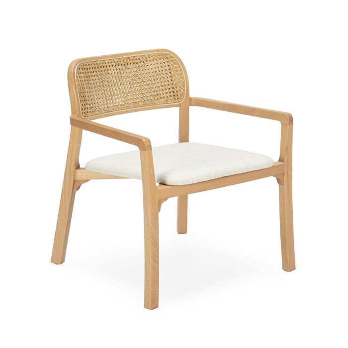 Silla de Madera Natural, Ratán y Tela en Blanco/Natural, 63 Cm.