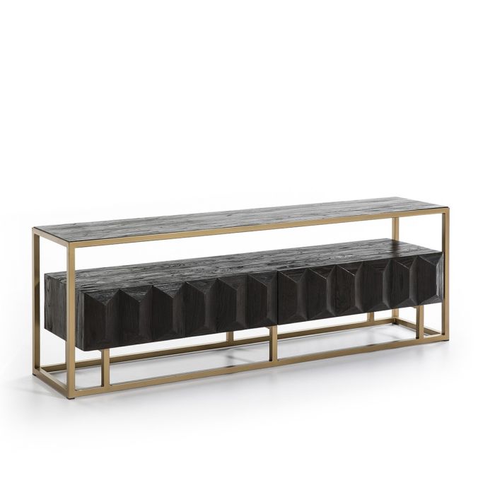 Mueble de TV en Madera Marrón Oscuro/Metal Dorado.