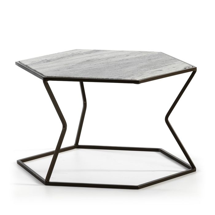 Mesa de Centro Geométrica Moderna en Mármol claro y Metal marrón oscuro.