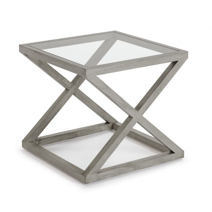 Mesa Auxiliar de Cristal y Madera en Gris Velado, 60 Cm.