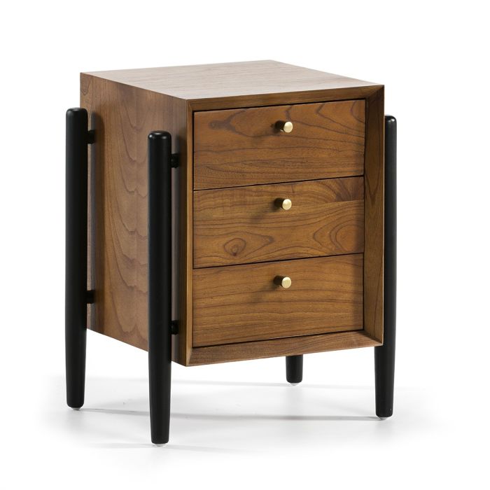 Mesita de Noche de Madera en color Marrón, Dorado y Negro.