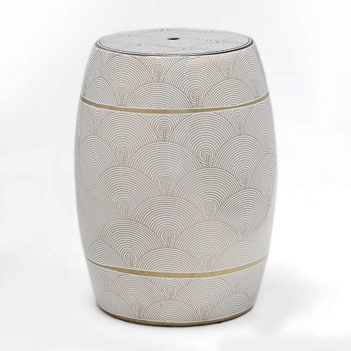 Taburete Vintage de Cerámica en Blanco y Dorado.