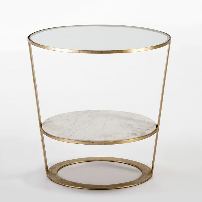 Mesa Auxiliar Art Decó en Cristal, Mármol Blanco y Metal Dorado.