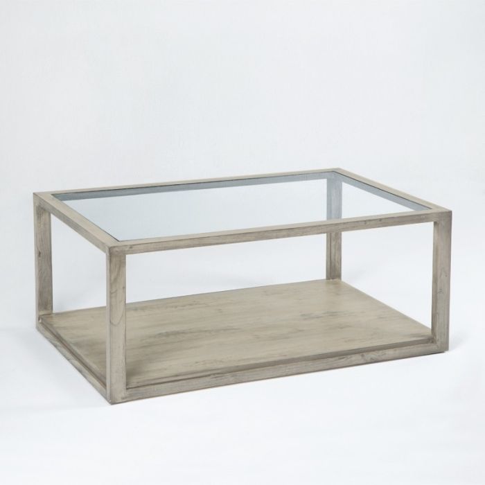 Mesa de Centro Contemporánea de Vidrio Transparente y Madera Gris Velado.