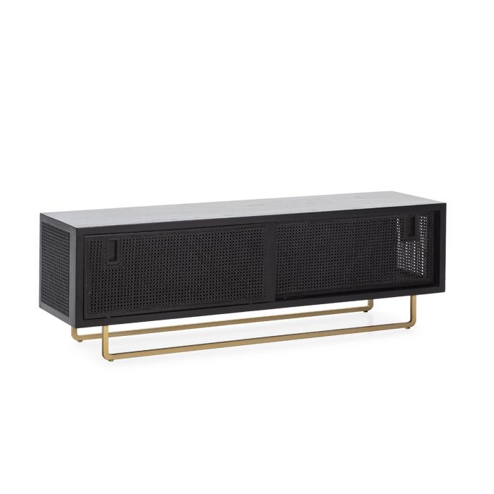 Mueble TV Estilo Étnico en Madera negra, Ratán negro y Metal dorado.