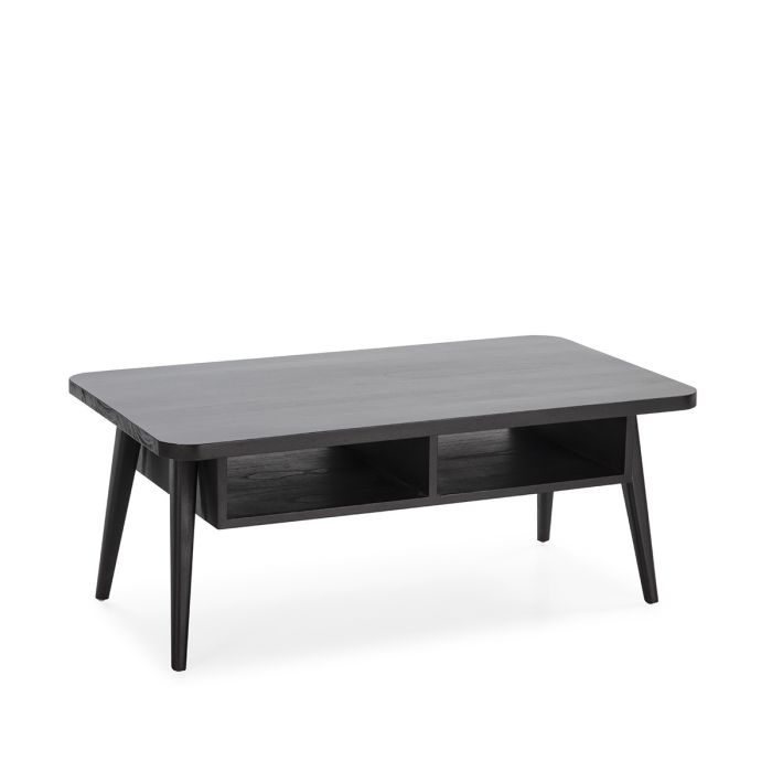 Mesa de Centro Elegante en Madera Negra con dos aperturas para organizar objetos del hogar.