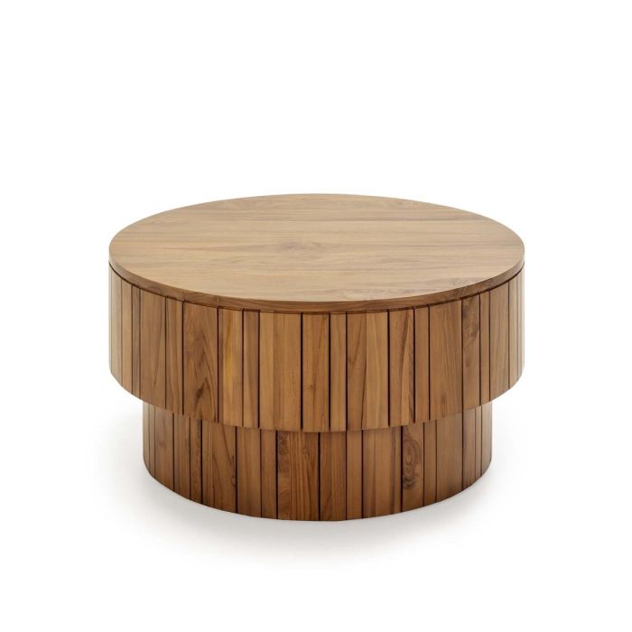 Mesa de Centro de Diseño Cilíndrico en Madera de Teca Natural con Acabado de Arena. 