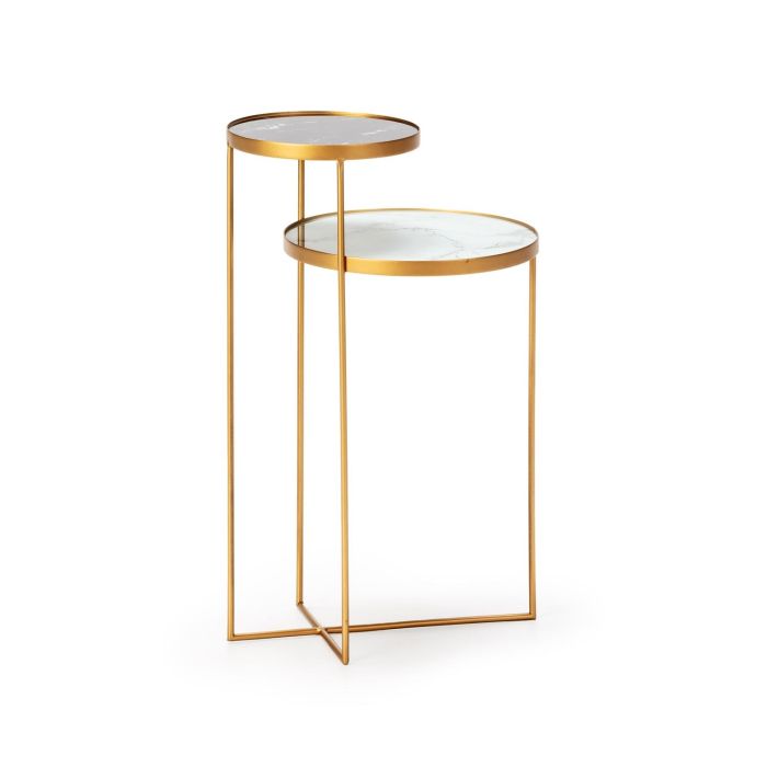 Mesa Auxiliar llamativa en Metal dorado y Cristal efecto mármol en Blanco y Negro.