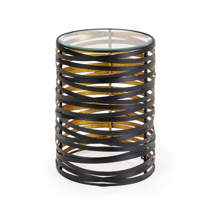 Mesa Auxiliar Elegante en Cristal y Metal negro y dorado.