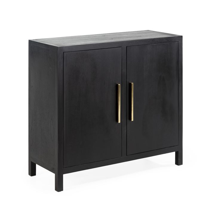 Aparador moderno en madera negra y tiradores en metal dorado.