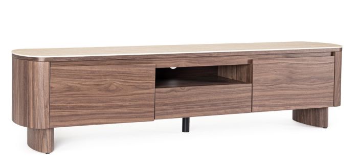 Mueble de TV 1 cajón 2P nórdico moderno en madera de nogal y sobre de piedra sinterizada beige.