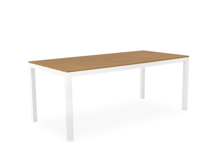 Mesa de comedor exterior nórdica en polimadera natural y aluminio blanco.