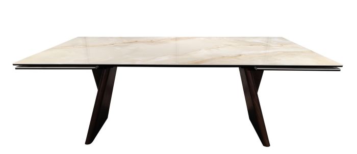 Mesa de comedor extensible diseño moderno en cerámica con capa inferior de vidrio, acero barnizado y patas de madera nogal.