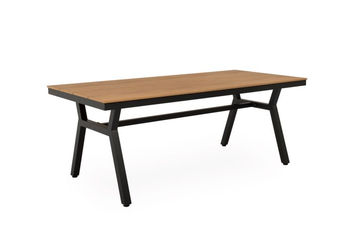 Mesa de exterior nórdica en polimadera natural y aluminio negro.