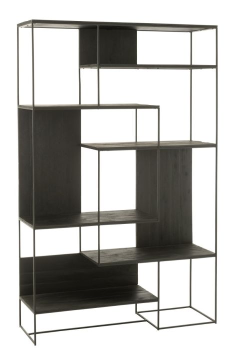 Estantería 6 baldas diseño moderno en madera de teca y metal negro.