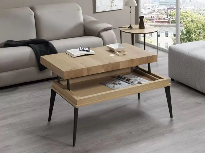 Mesa Centro Elevable Madera Natural/Negro Mate, 110 Cm