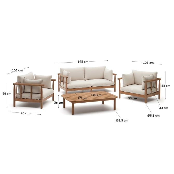 Set 2 Sillones Sofá 2 plazas Mesa Centro Madera Eucalipto, 195 Cm