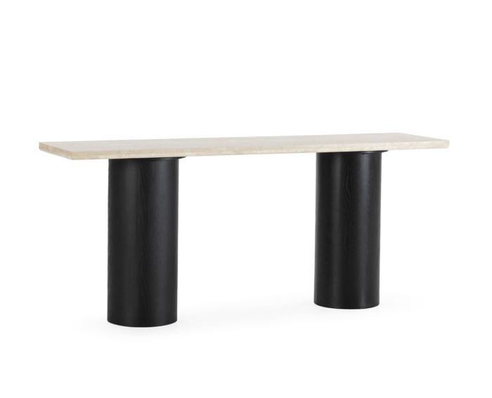 Consola de diseño moderno con sobre de mármol travertino crema y base de roble negra.