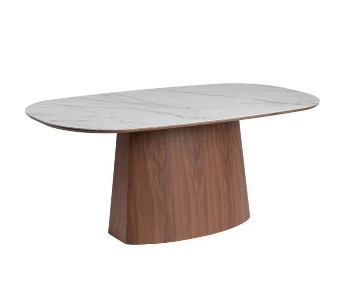 Mesa de comedor ovalada diseño moderno en dm nogal y sobre de cerámica blanco.