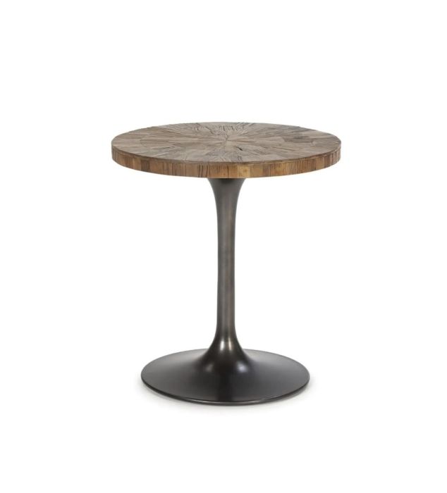 Mesa auxiliar industrial con sobre de madera texturizada y base cónica de metal negro.