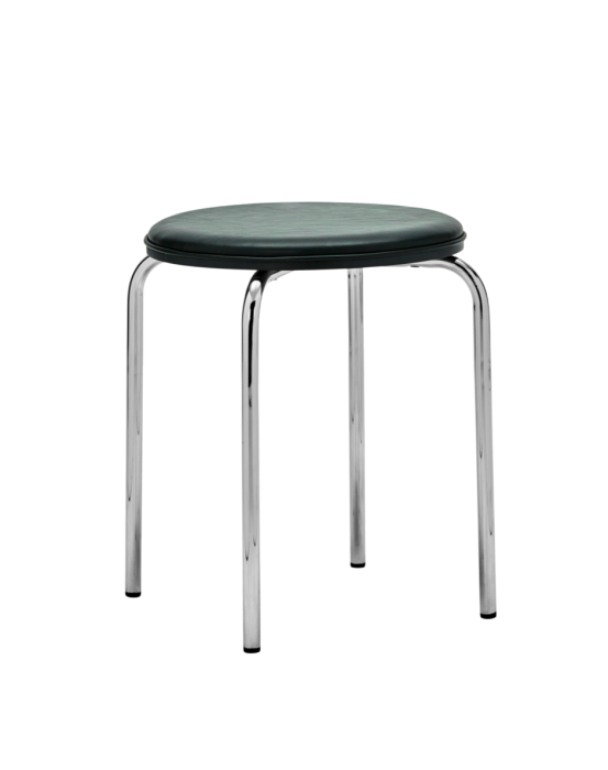 Taburete moderno en metal cromado y asiento de tela ribete verde oscuro.
