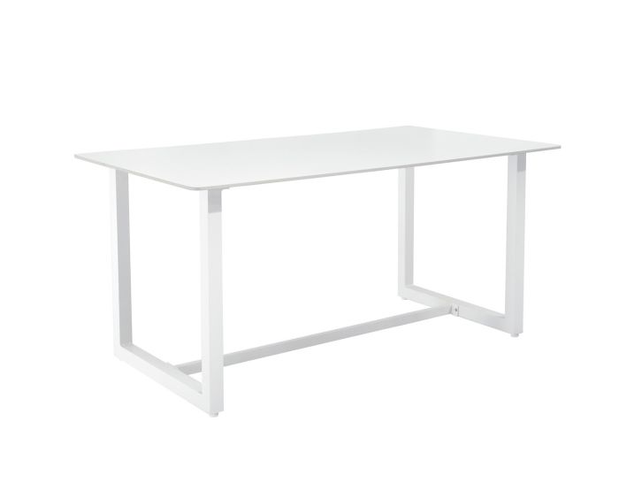 Mesa de comedor exterior moderna en porcelánico y acero galvanizado blanco.