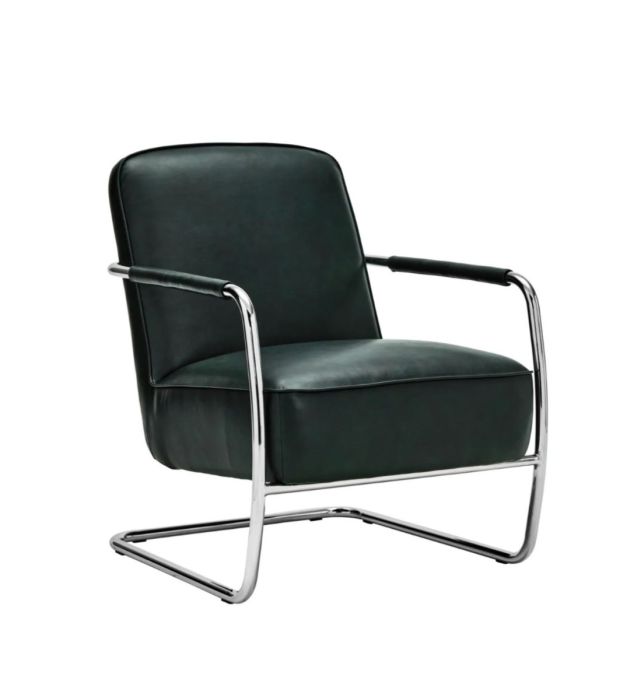 Sillón moderno en metal cromado tapizado en tela verde oscuro efecto piel.
