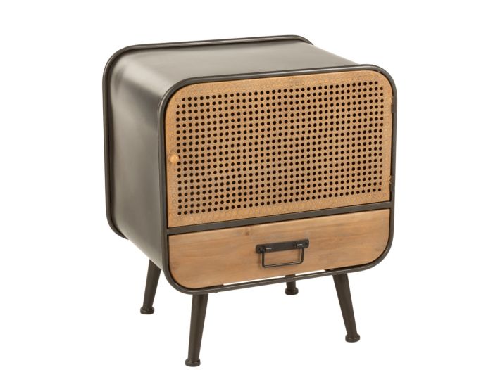 Mesa auxiliar industrial en madera natural y metal negro con 1 cajón.