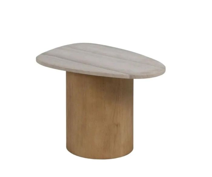 Mesa auxiliar nórdica moderna con sobre de mármol blanco y base de madera de roble natural.