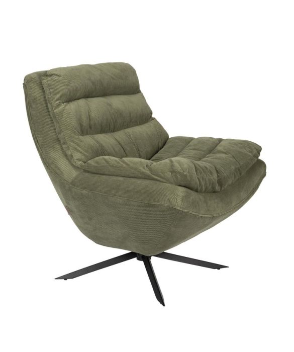 Sillón moderno en madera y hierro negro tapizado en tono verde.